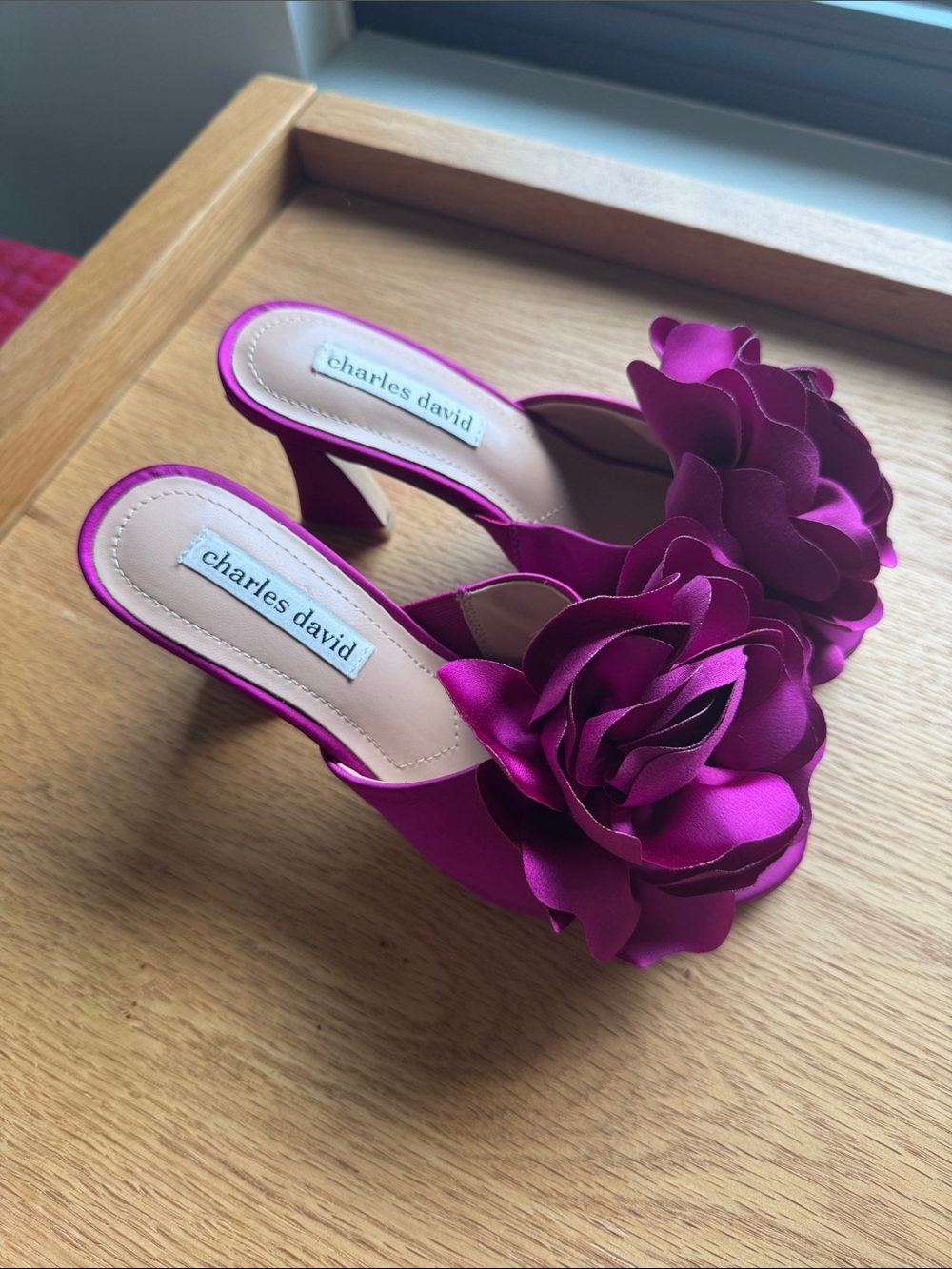 Charles David Magenta Satin Floral Mule Heels